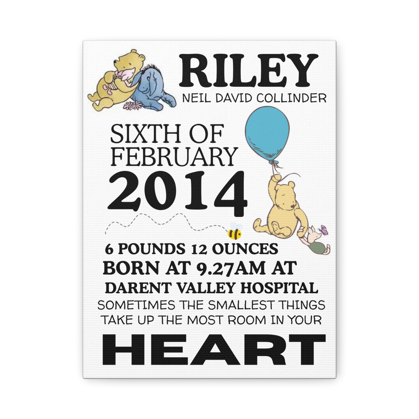 Personalised Canvas Print - Winnie NewBorn Print, Matte Stretched 1 25"